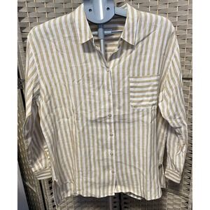 J. Jill Love Linen Striped Button Down Shirt‎ Tan White Long Sleeve Size M